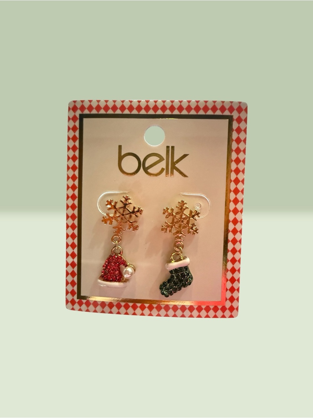 Belk Gold Snowflake Dangle Earrings with Red Santa Hat and Black Stocking